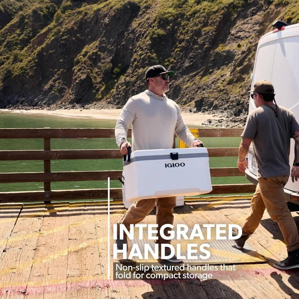 Igloo hard cooler box with integrated handles for easy transport
