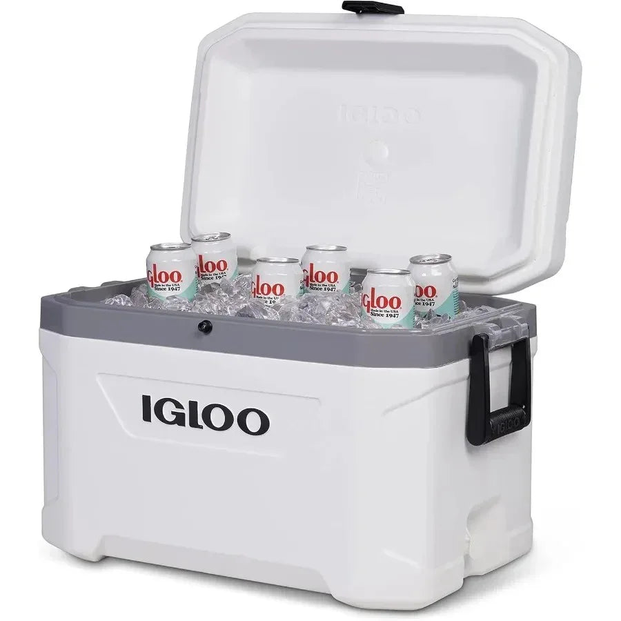 Igloo hard cooler box in white with ice and beverages for outdoor adventures