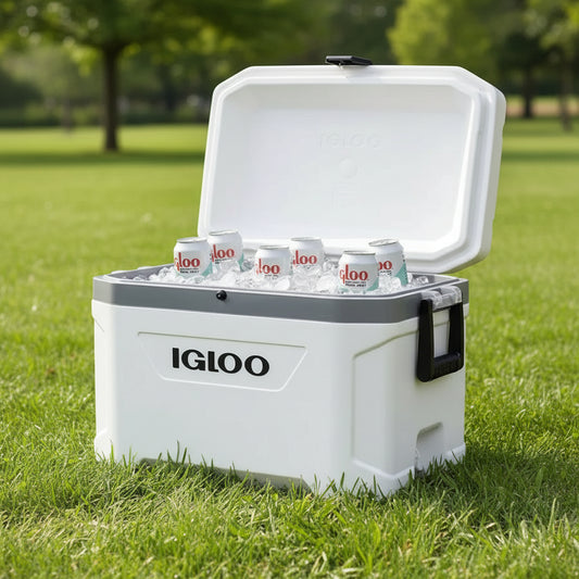 Igloo hard cooler box in white with ice and beverages for outdoor adventures