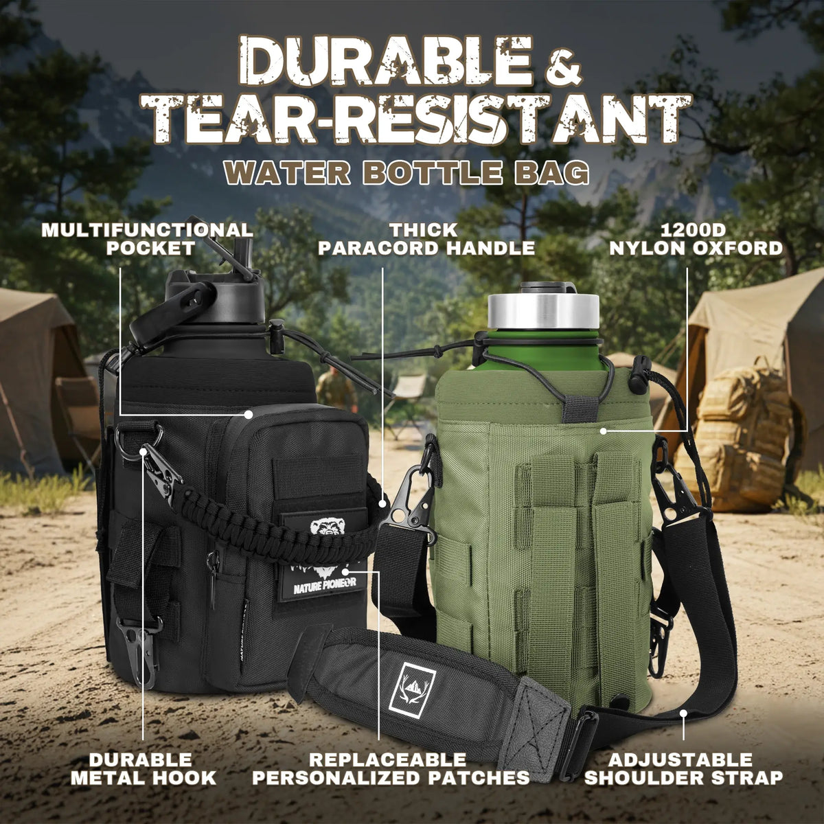 Insulated water bottle in green and black with durable bag and adjustable strap