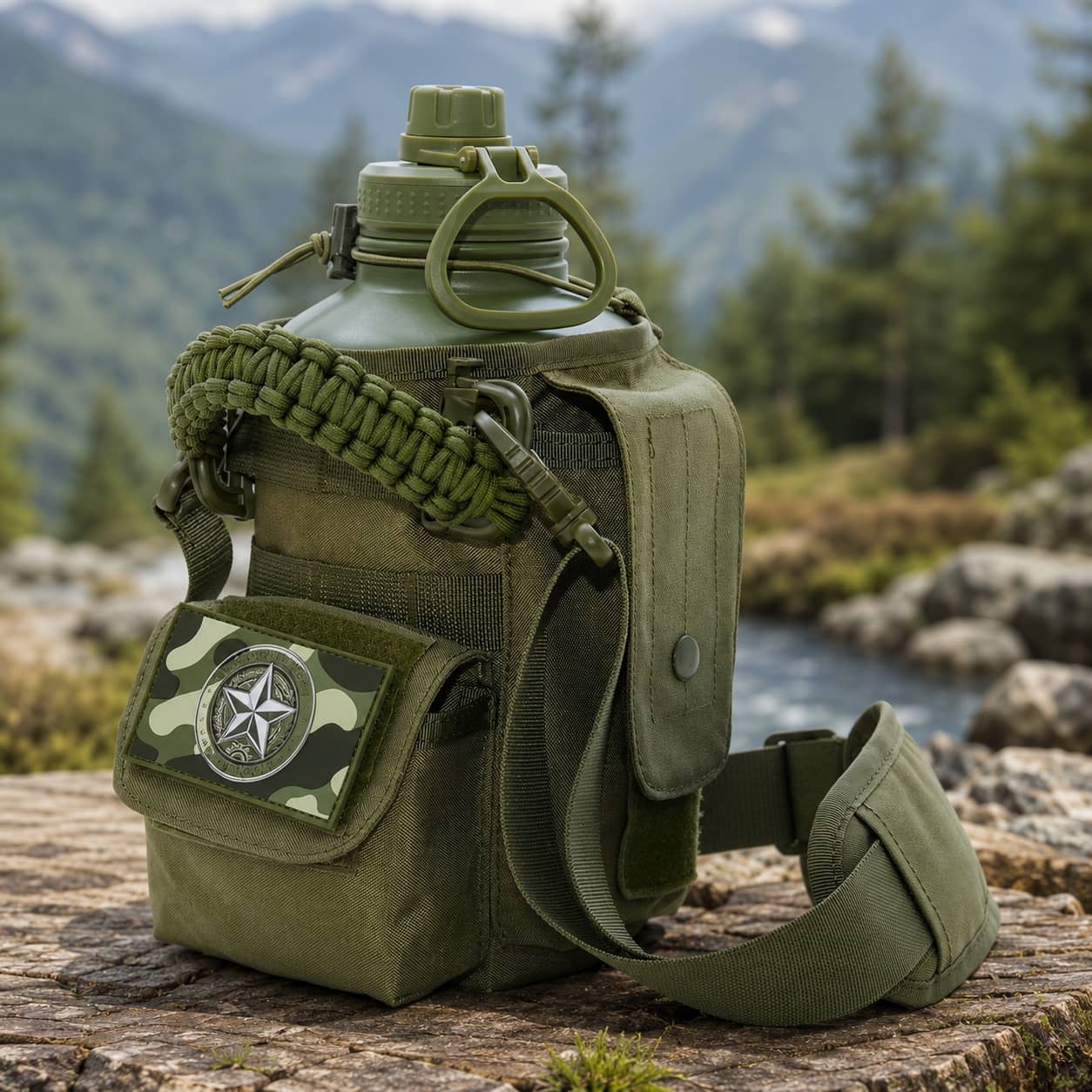 Insulated water bottle in green with camouflage pouch for outdoor activities