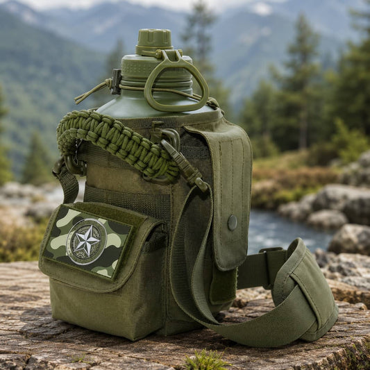 Insulated water bottle in green with camouflage pouch for outdoor activities