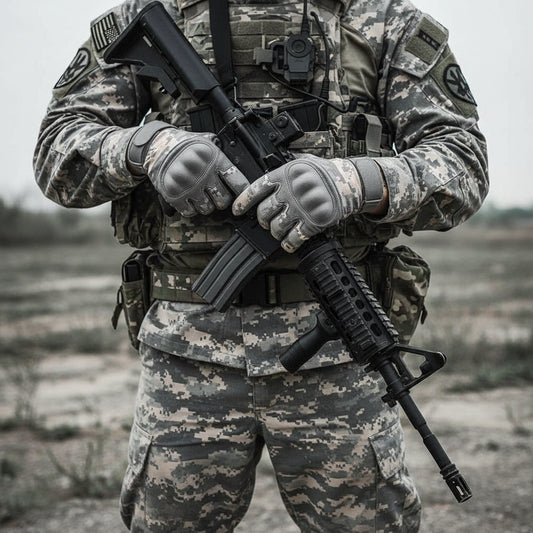 Durable touch screen military gloves with padded knuckles and camouflage design for outdoor use