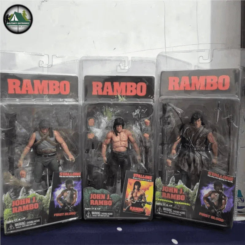 John Rambo action figure set with three collectible styles in packaging