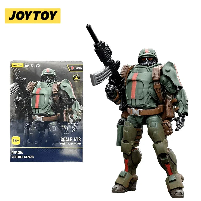 JOYTOY action figure in green military uniform holding a rifle and equipped with gear