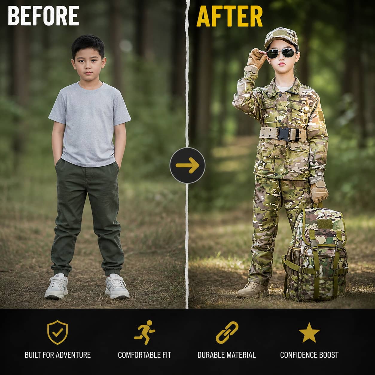 Kids adventure suit in camouflage for outdoor fun and play
