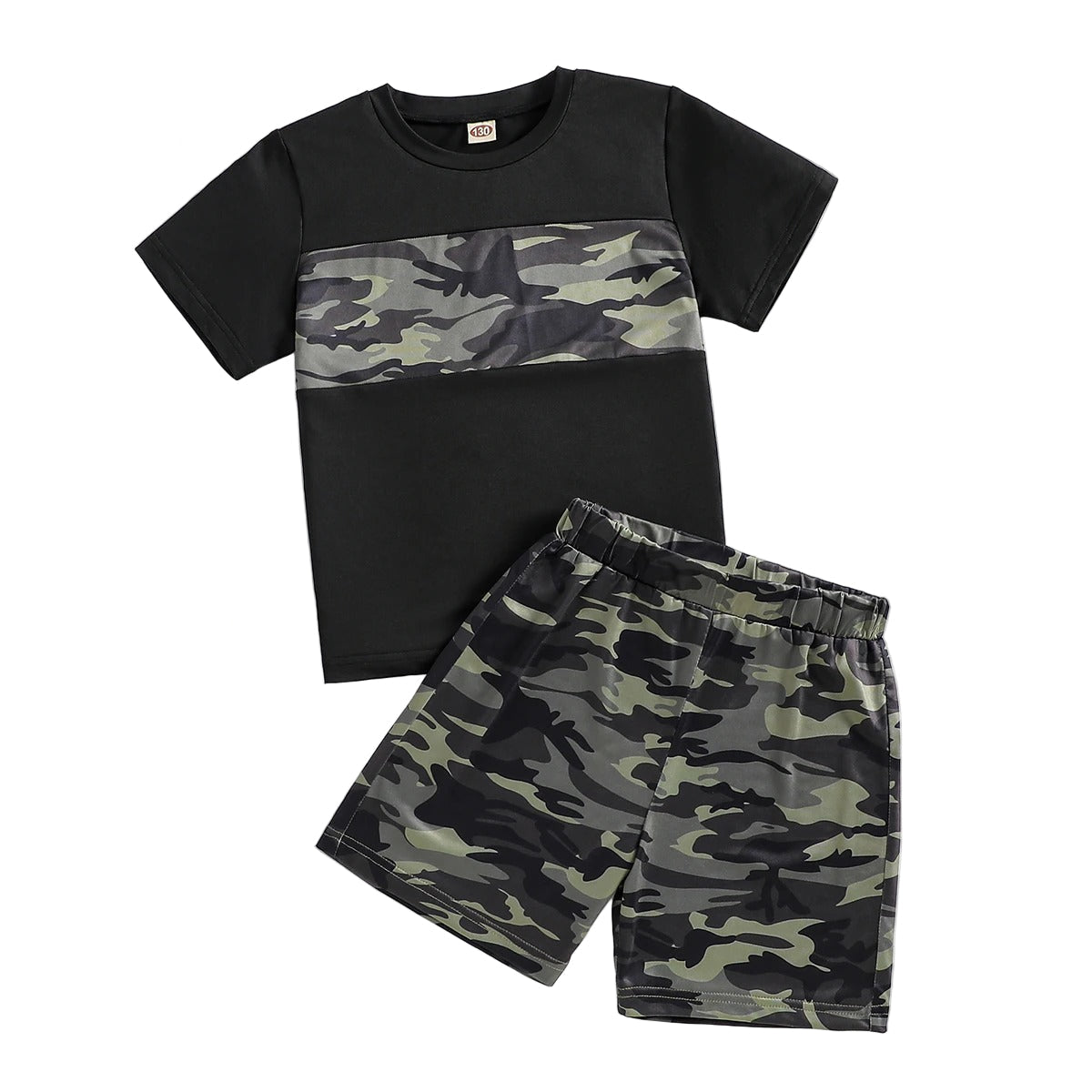 Kids camouflage clothing set featuring a black t-shirt and camouflage shorts for active boys
