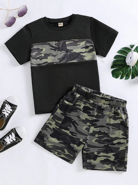 Kids camouflage clothing set featuring a black T-shirt and camo shorts designed for outdoor play