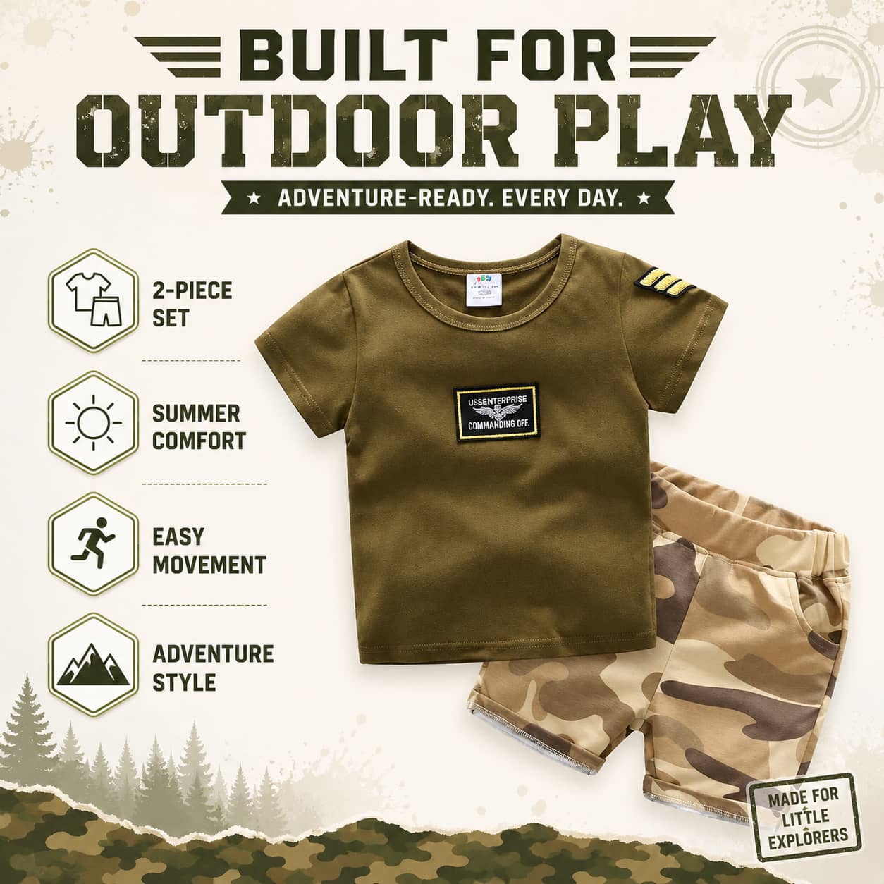 Kids camouflage set in green and brown for summer outdoor play