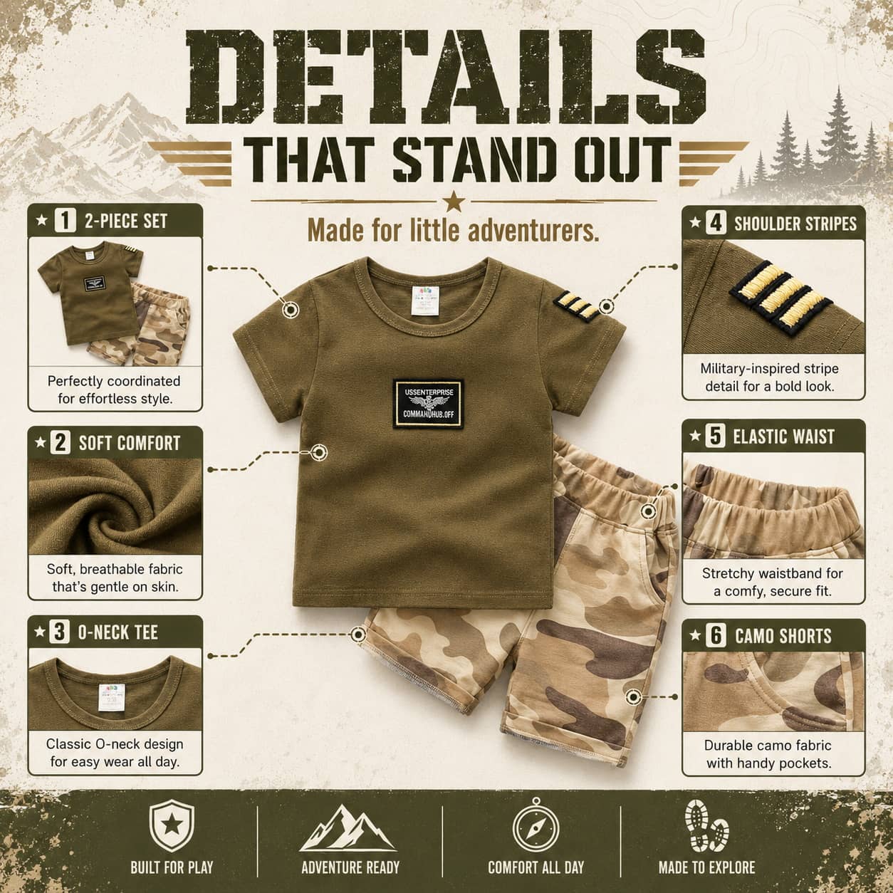 Kids camouflage set in olive green and camo for adventurous play