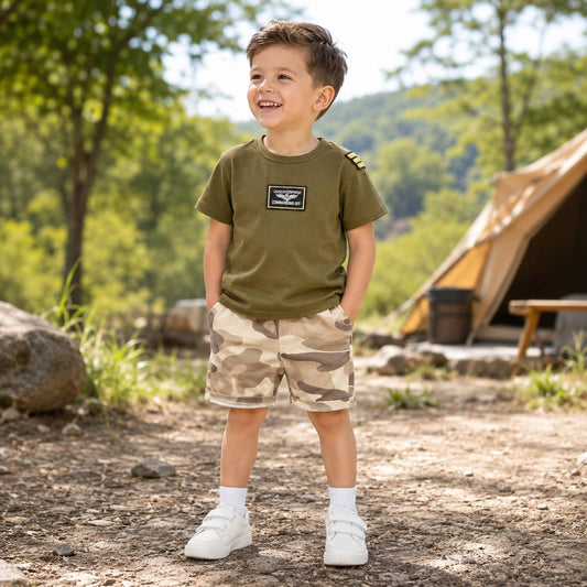 Kids camouflage set in green and beige for outdoor adventures