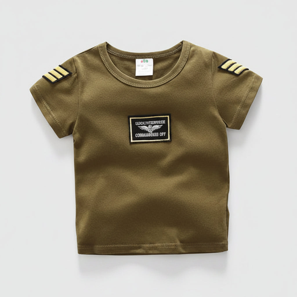Kids Camouflage Set Olive Green T-Shirt with Shoulder Stripes for Casual Wear