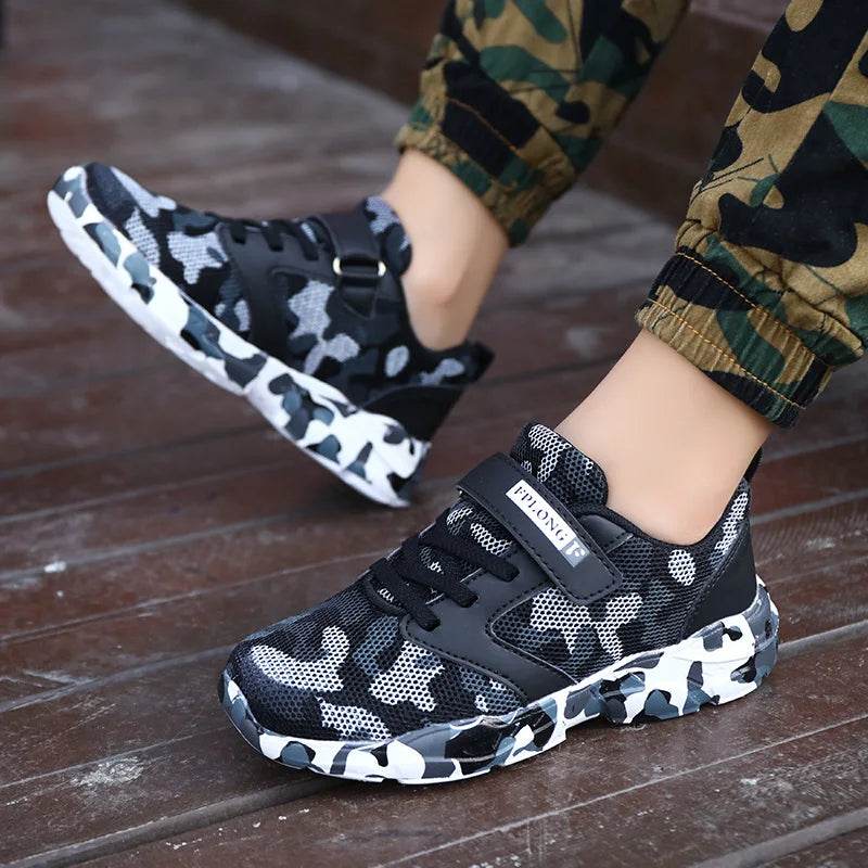 Kids camouflage sneakers in black and gray for active play outdoors
