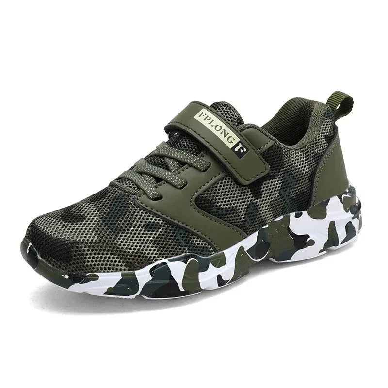 Kids camouflage sneakers in green with breathable mesh and adjustable strap