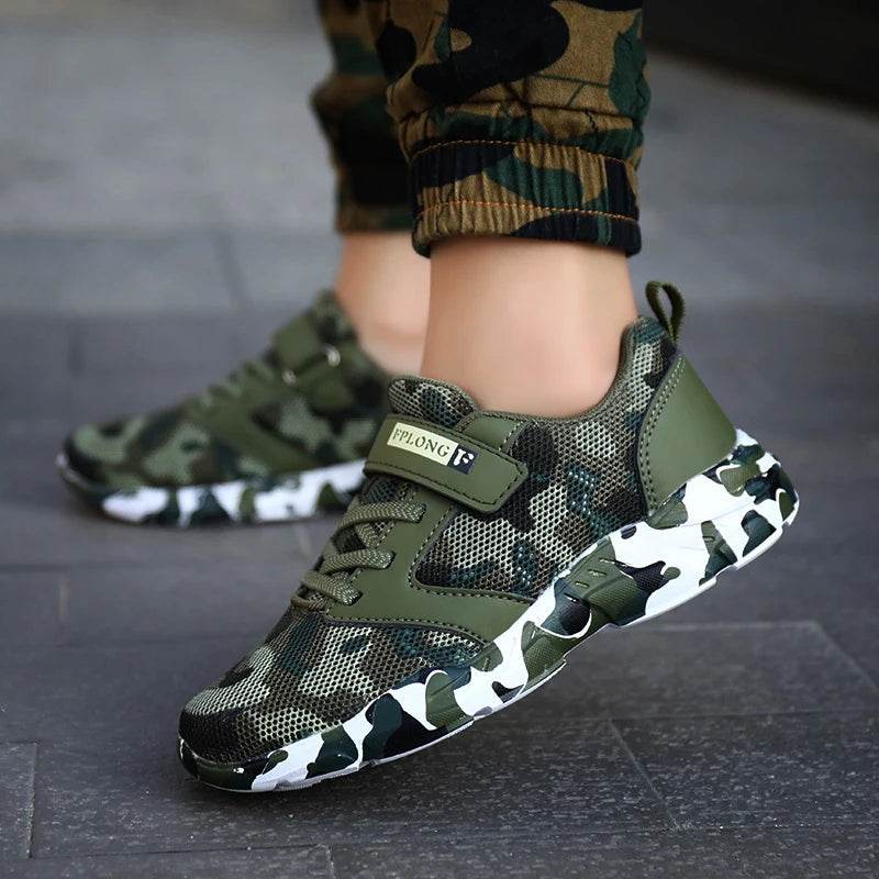 Kids camouflage sneakers in green with breathable mesh for active play