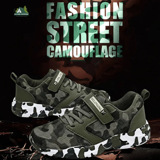 Kids camouflage sneakers in green designed for outdoor play