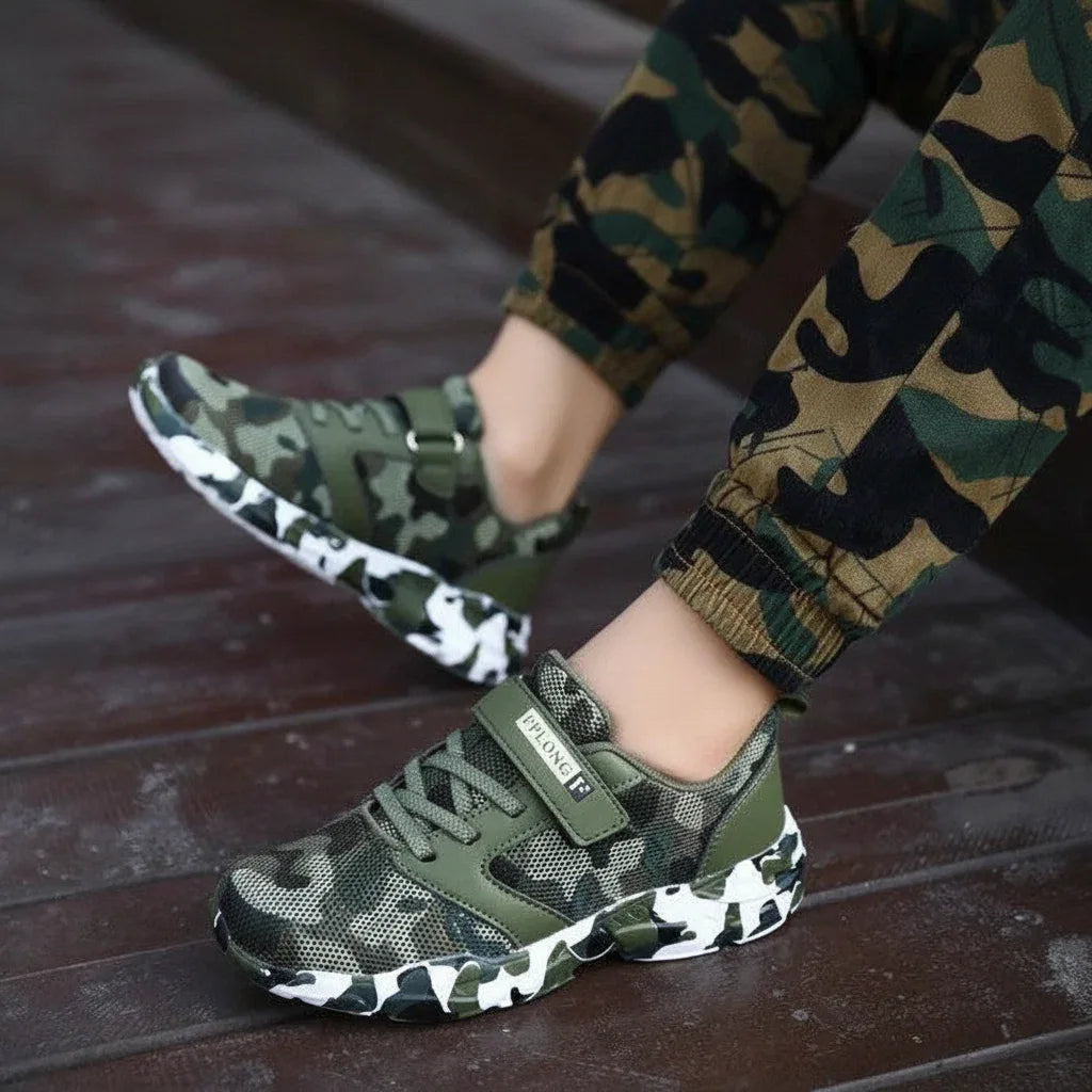 Kids camouflage sneakers in green for active outdoor play