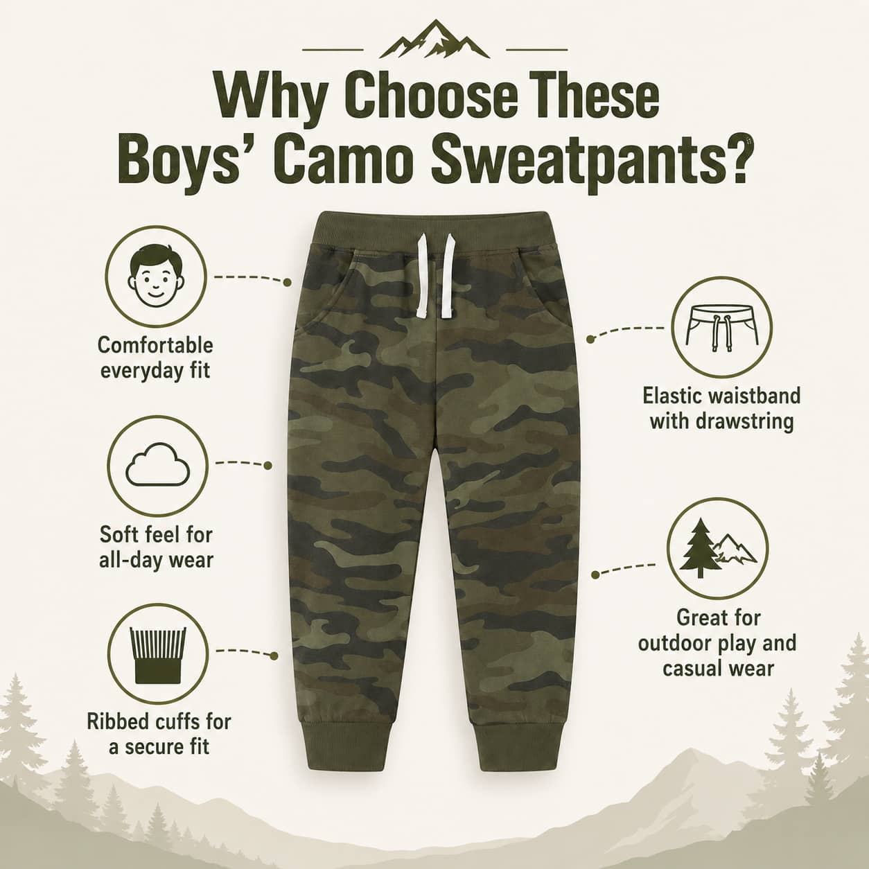 Kids camouflage sweatpants in green, perfect for outdoor play and casual wear