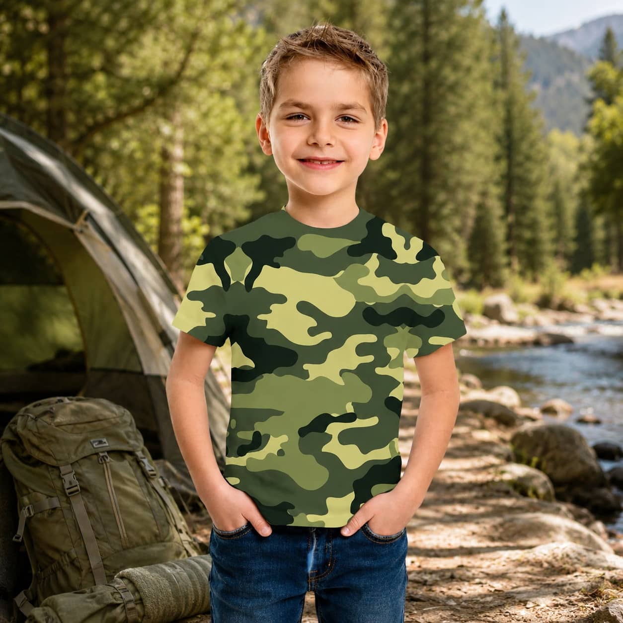 Kids camouflage t-shirt in green, perfect for outdoor activities