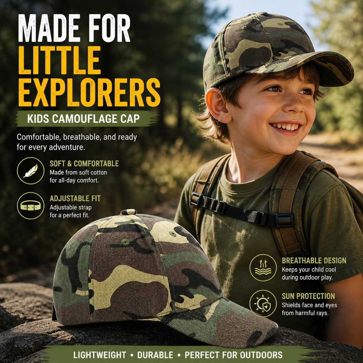 Kids caps camouflage cap with adjustable fit for outdoor adventures