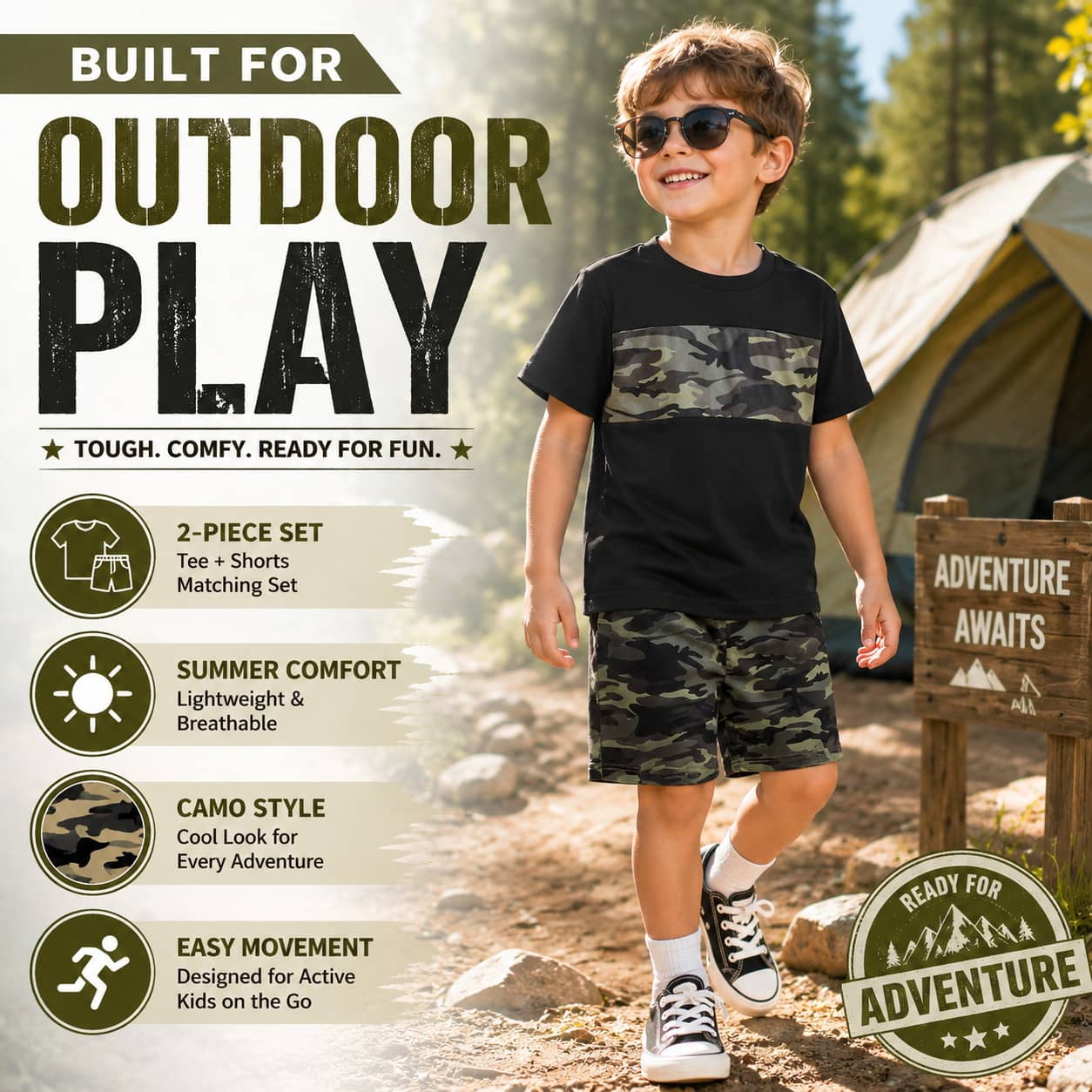 Kids clothing set in camouflage for outdoor play and summer adventures