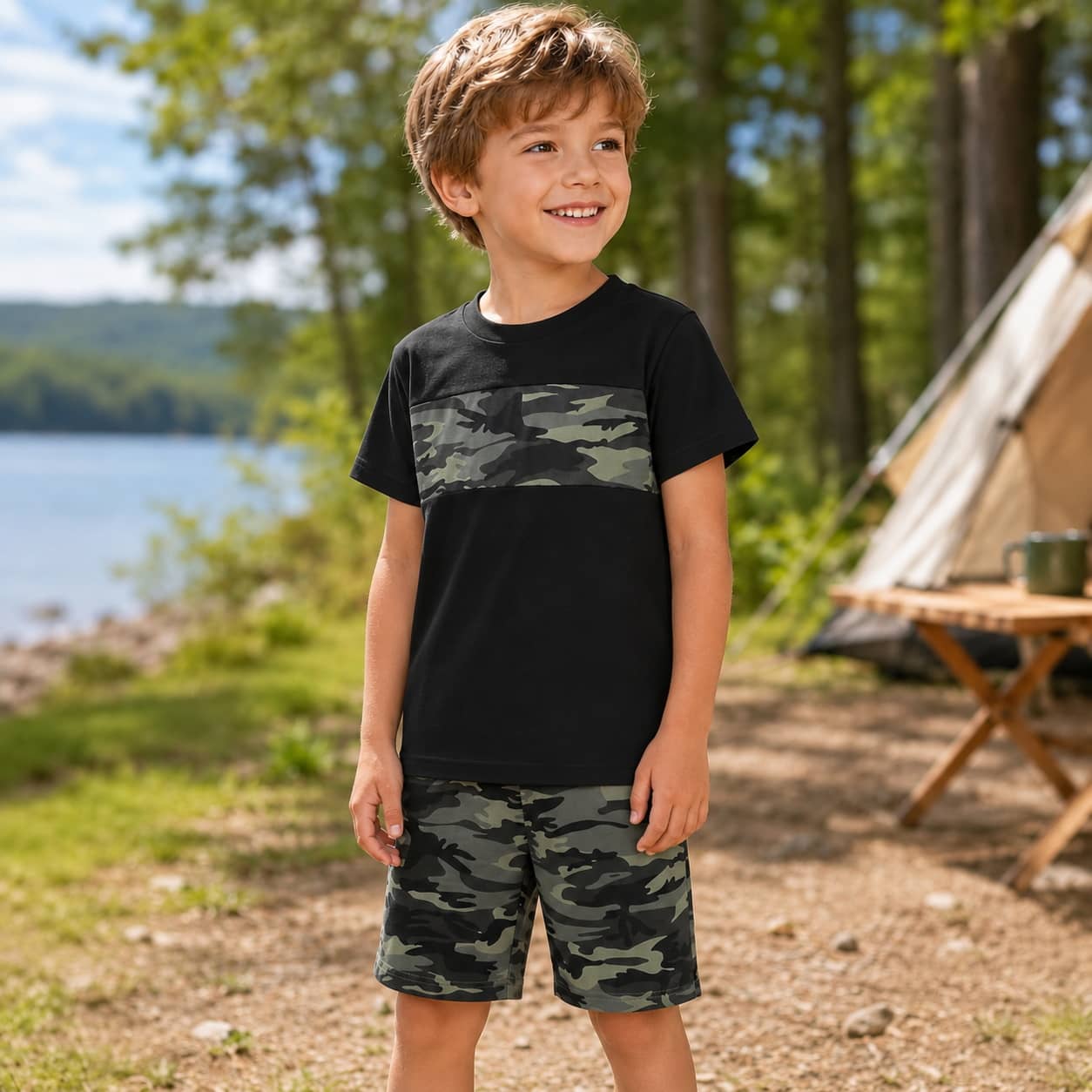 Boys camo kids clothing set for outdoor play and adventure