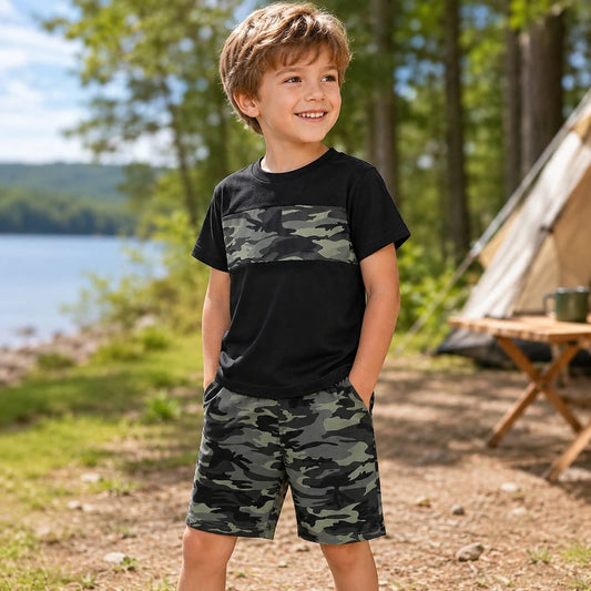 Kids clothing set in black and camouflage for outdoor play