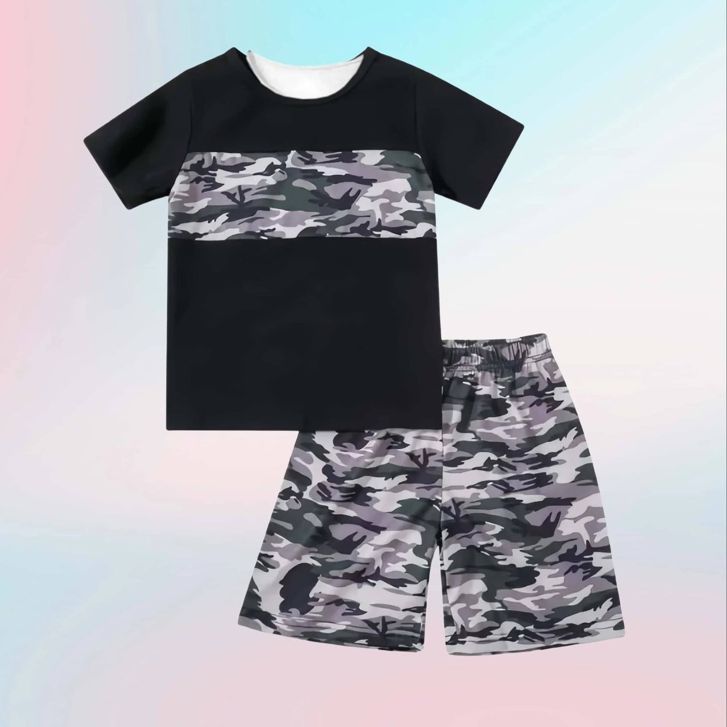 Kids clothing set in black and camouflage for active outdoor play