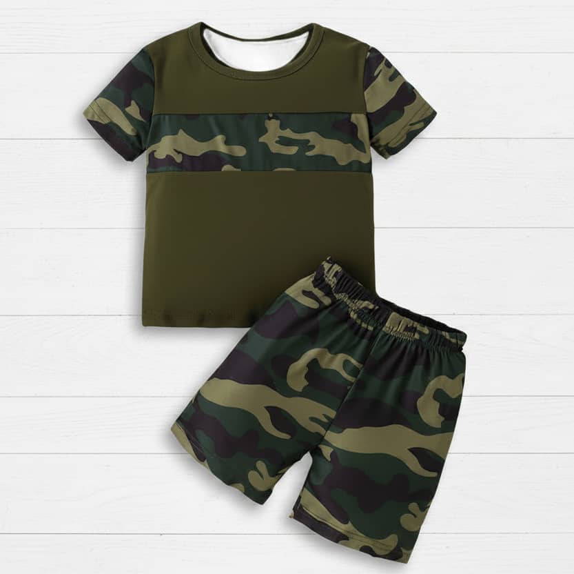 Kids clothing set with green camouflage t-shirt and shorts for active play