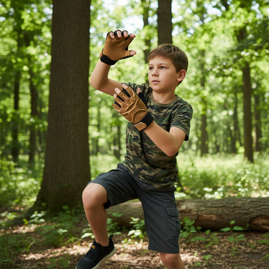 Kids fingerless outdoor gloves made from polyester with adjustable wrist strap for ages 4–10