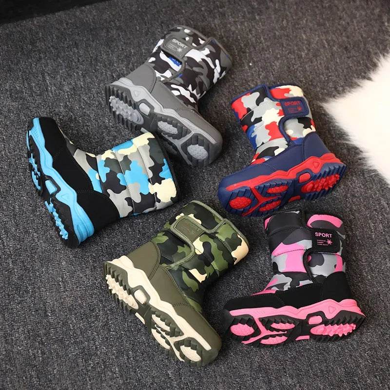 Colorful kids snow boots in various camo styles, perfect for winter adventures