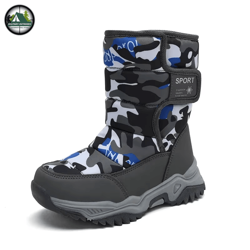 Kids snow boots in camouflage design, perfect for winter activities