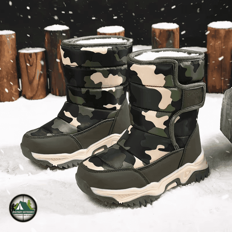Kids snow boots in camouflage design for winter outdoor play