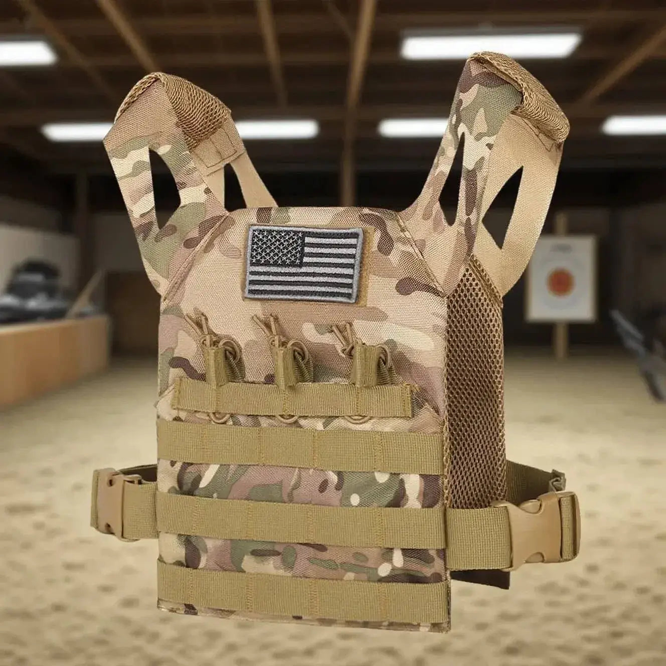 Kids tactical vest in camouflage with an American flag patch and adjustable straps for outdoor adventures