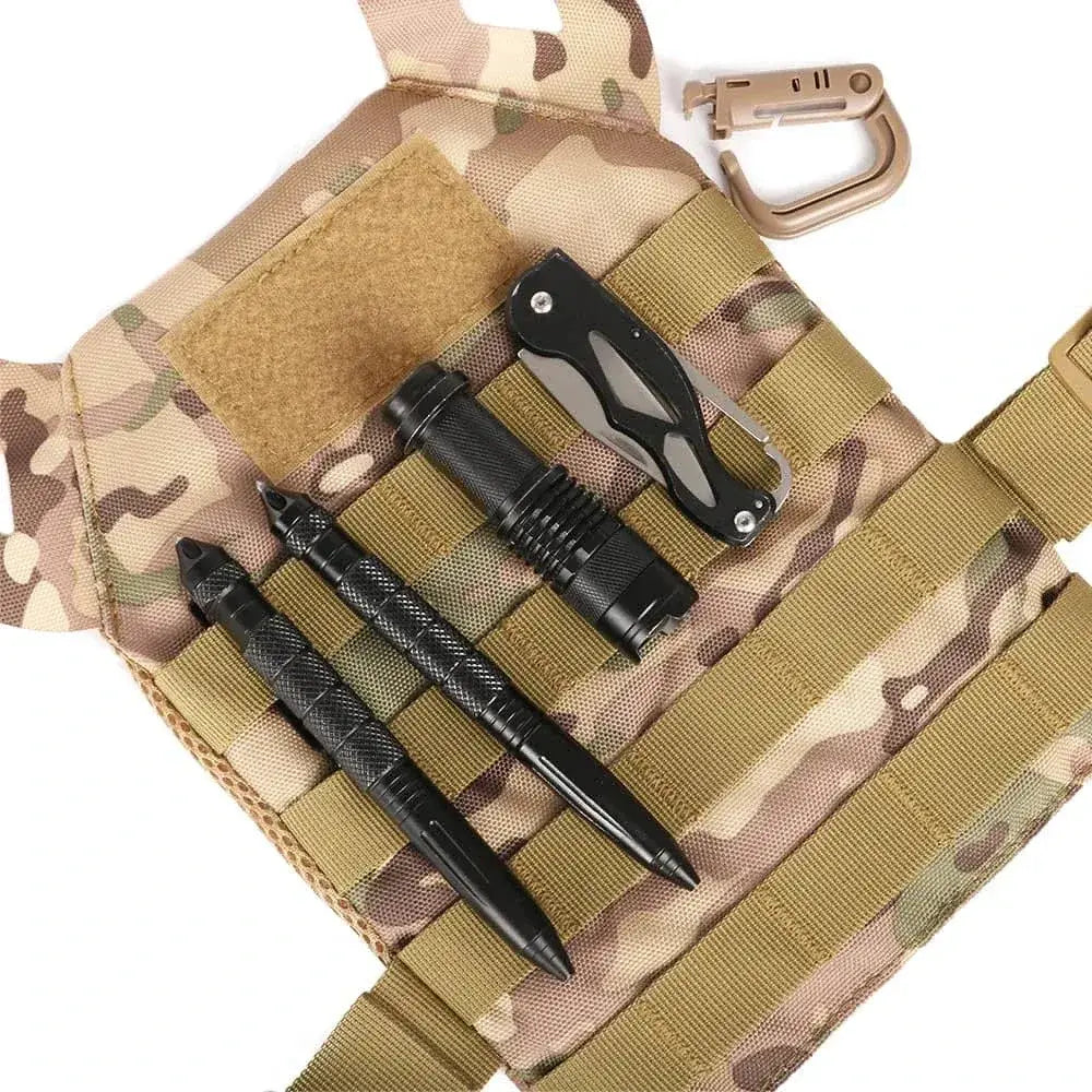 Kids tactical vest with camo pattern featuring pockets for gear and accessories