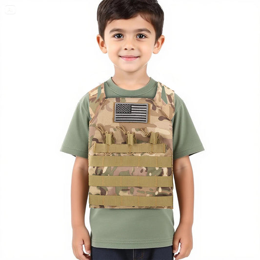 Camouflage kids tactical vest with US flag patch for outdoor adventures and playtime