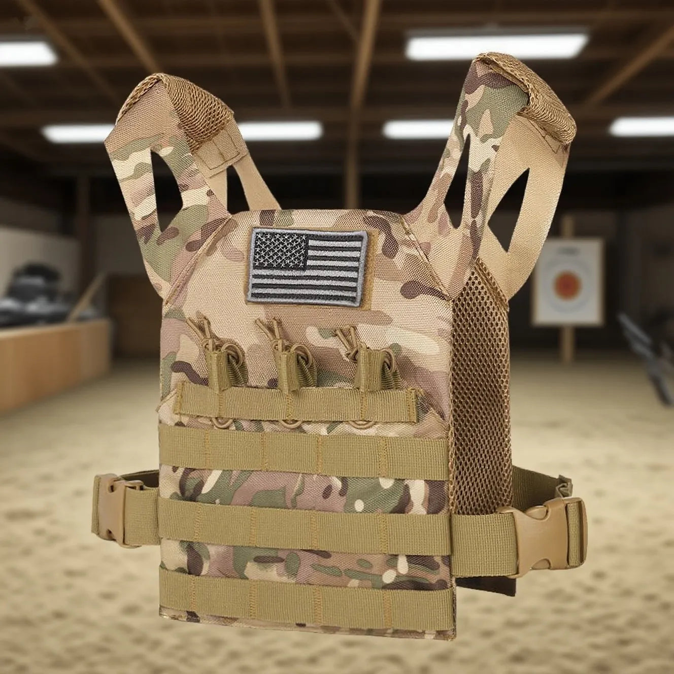 Kids tactical vest in camouflage with an American flag patch and adjustable straps for outdoor adventures