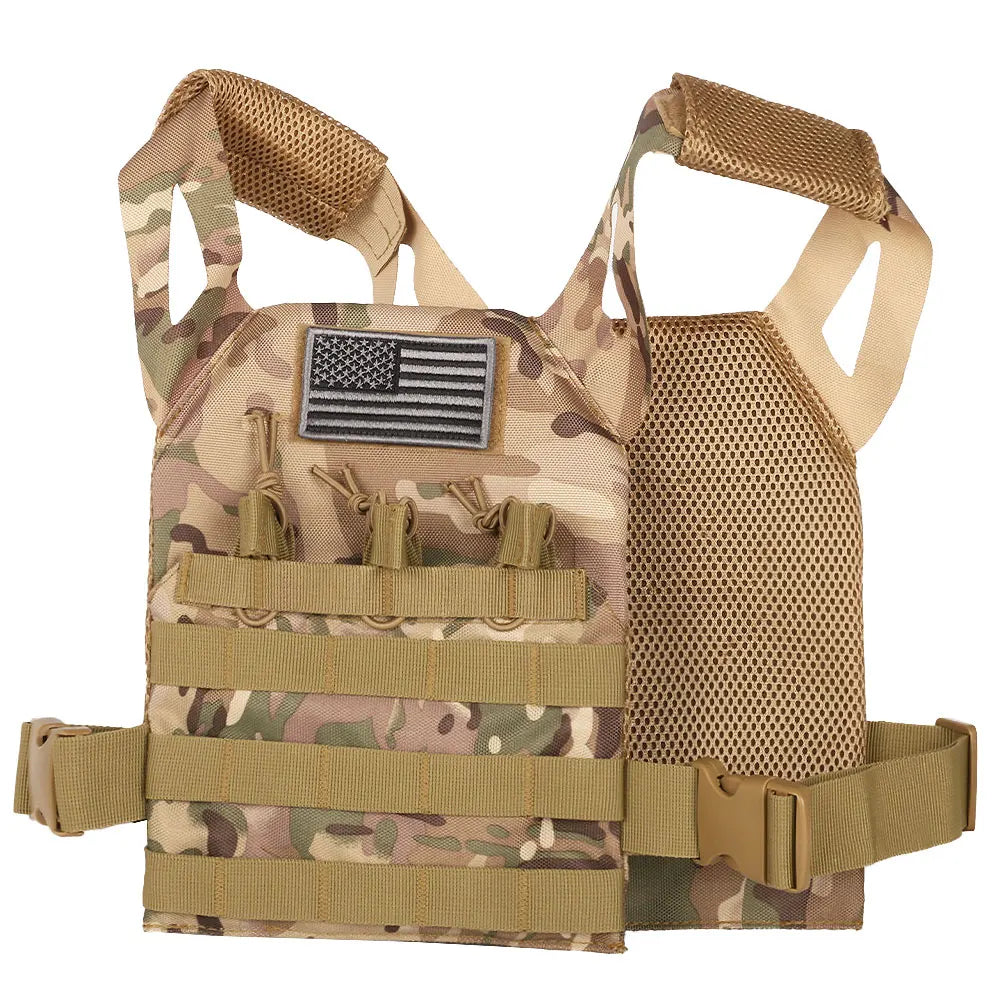 Kids tactical vest in camouflage design with adjustable straps and USA flag patch