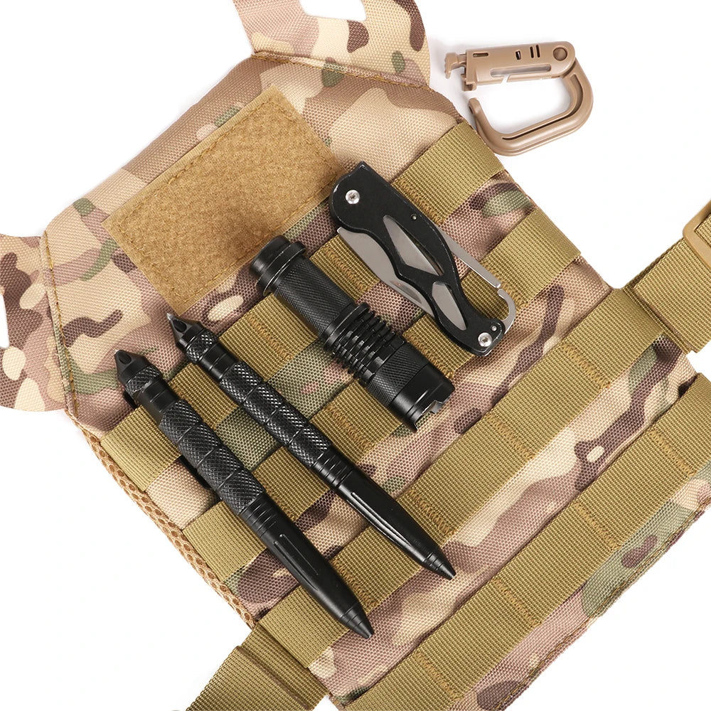 Kids tactical vest with camo pattern featuring pockets for gear and accessories