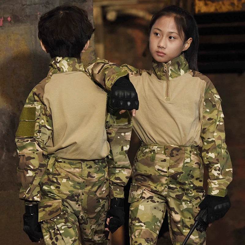 Kids uniform costume in camouflage for adventurous play and role-playing