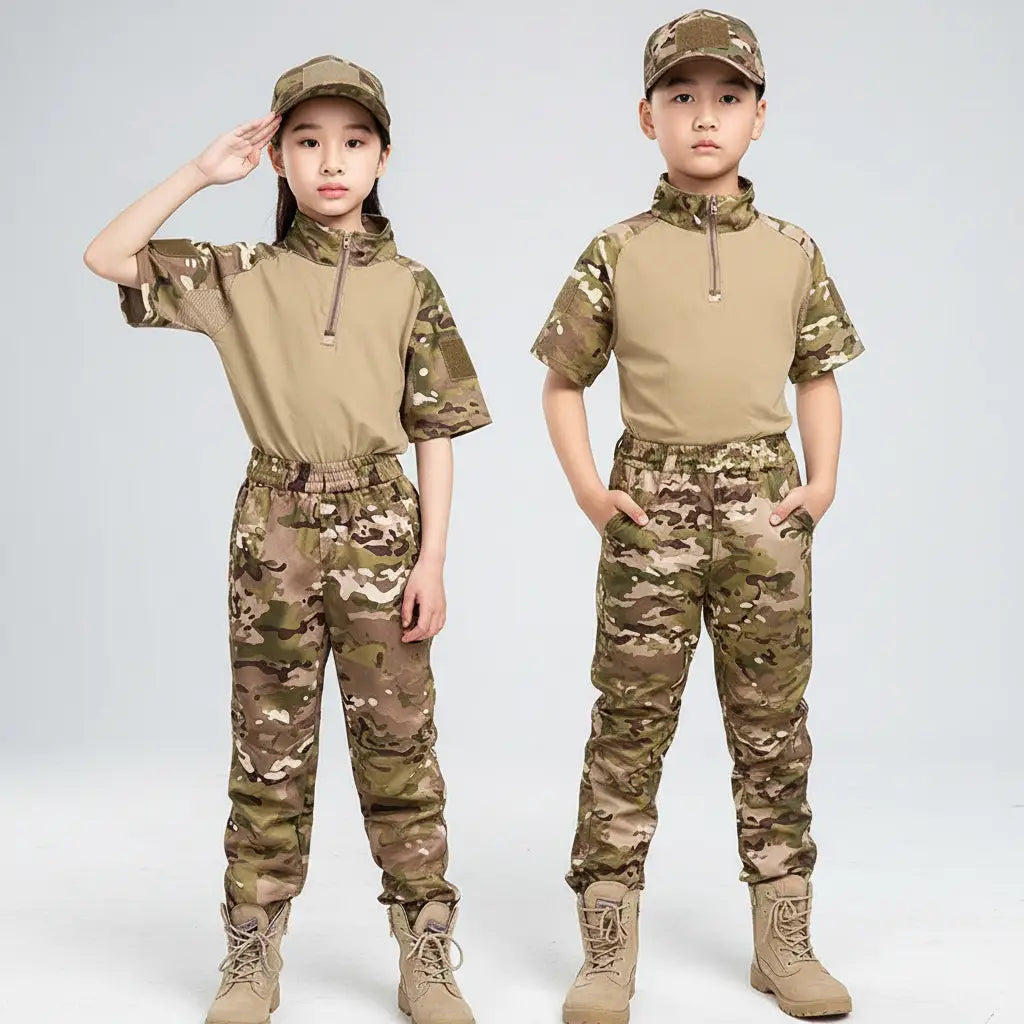 Kids uniform costume in camouflage with matching cap for outdoor play
