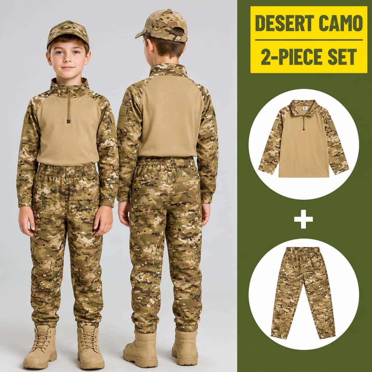 Kids uniform costume, desert camo 2-piece set for outdoor play