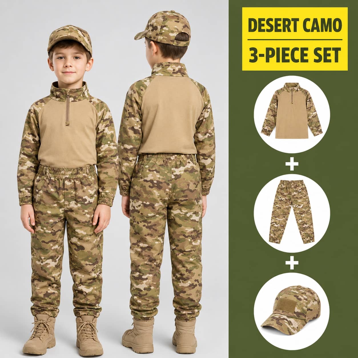 Desert Camo Kids Uniform Costume for Outdoor Adventures in 3-Piece Set