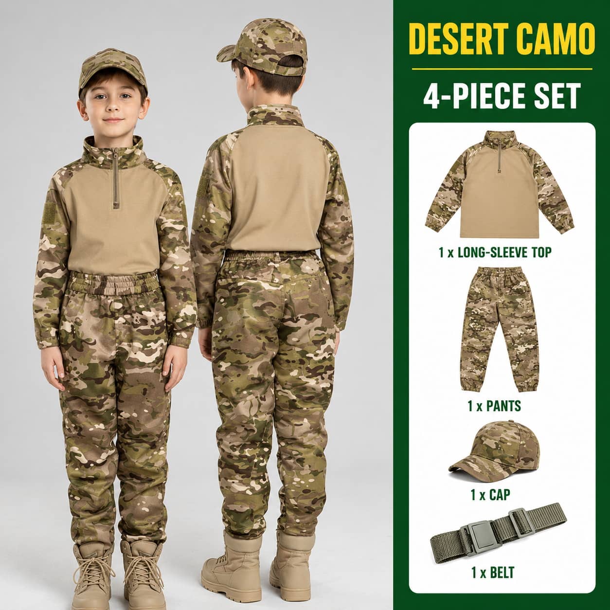 Desert Camo Kids Uniform Costume 4-Piece Set with Top, Pants, Cap, and Belt