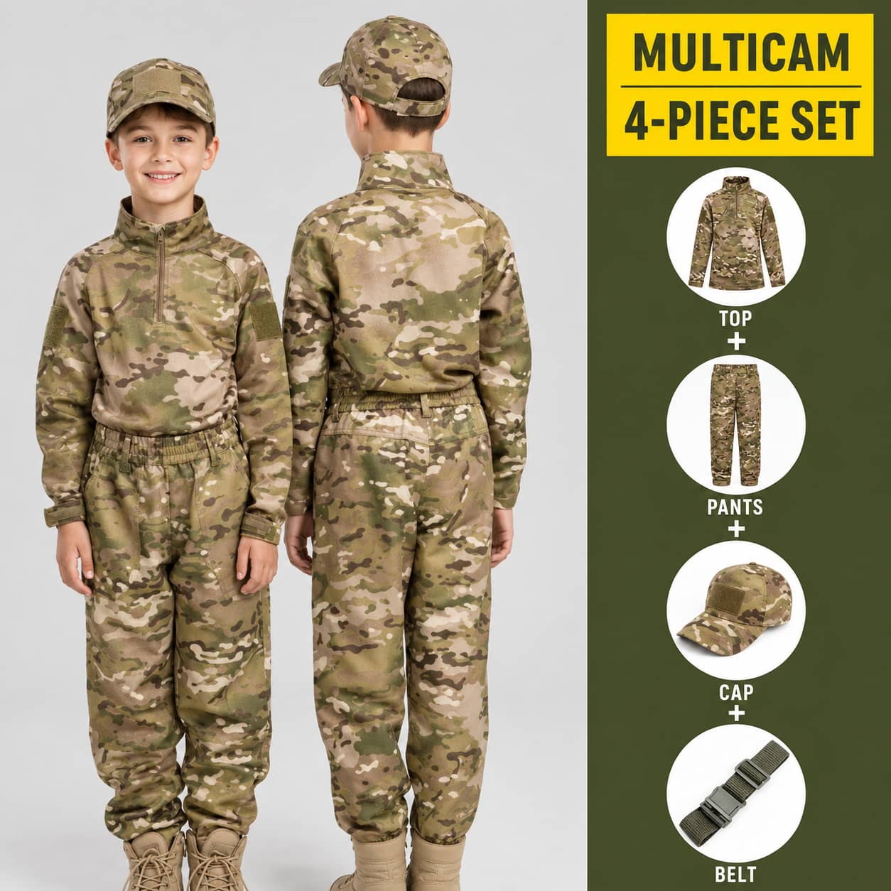 Multicam Kids Uniform Costume 4-Piece Set with Top, Pants, Cap, and Belt