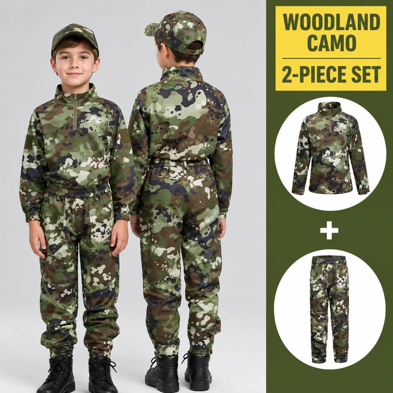 Woodland Camo Kids Uniform Costume 2-Piece Set for Outdoor Play