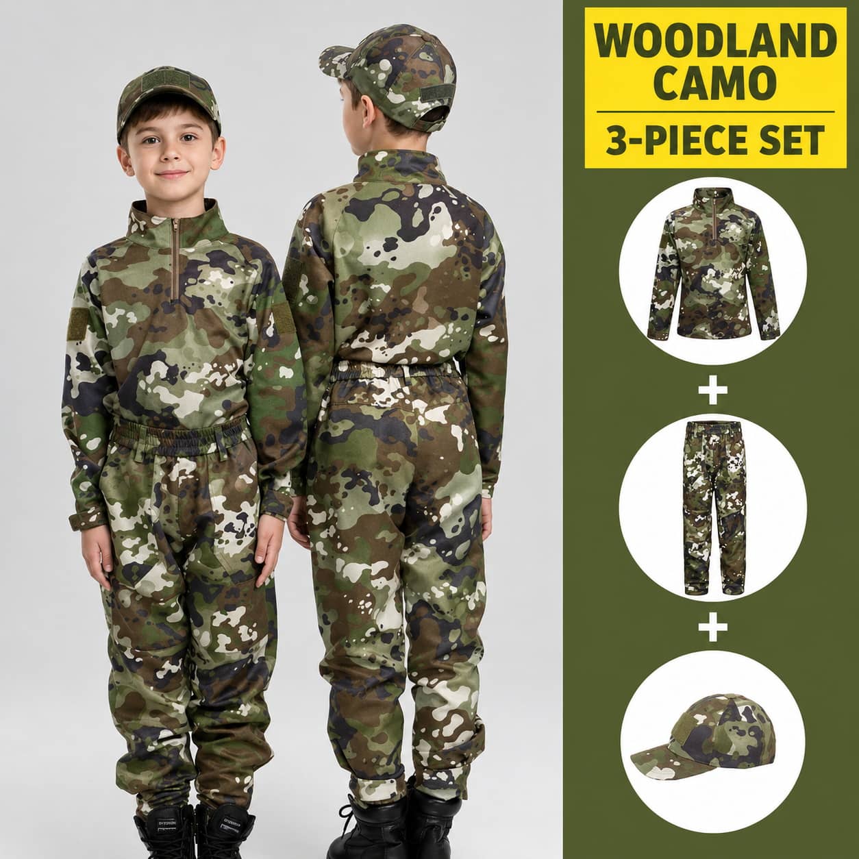Kids uniform costume in woodland camo, perfect for outdoor play and dress-up