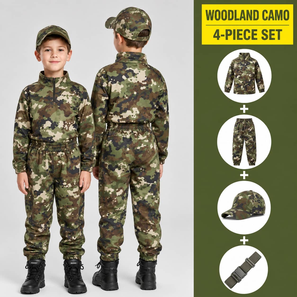 Kids uniform costume Woodland Camo 4-piece set for outdoor play