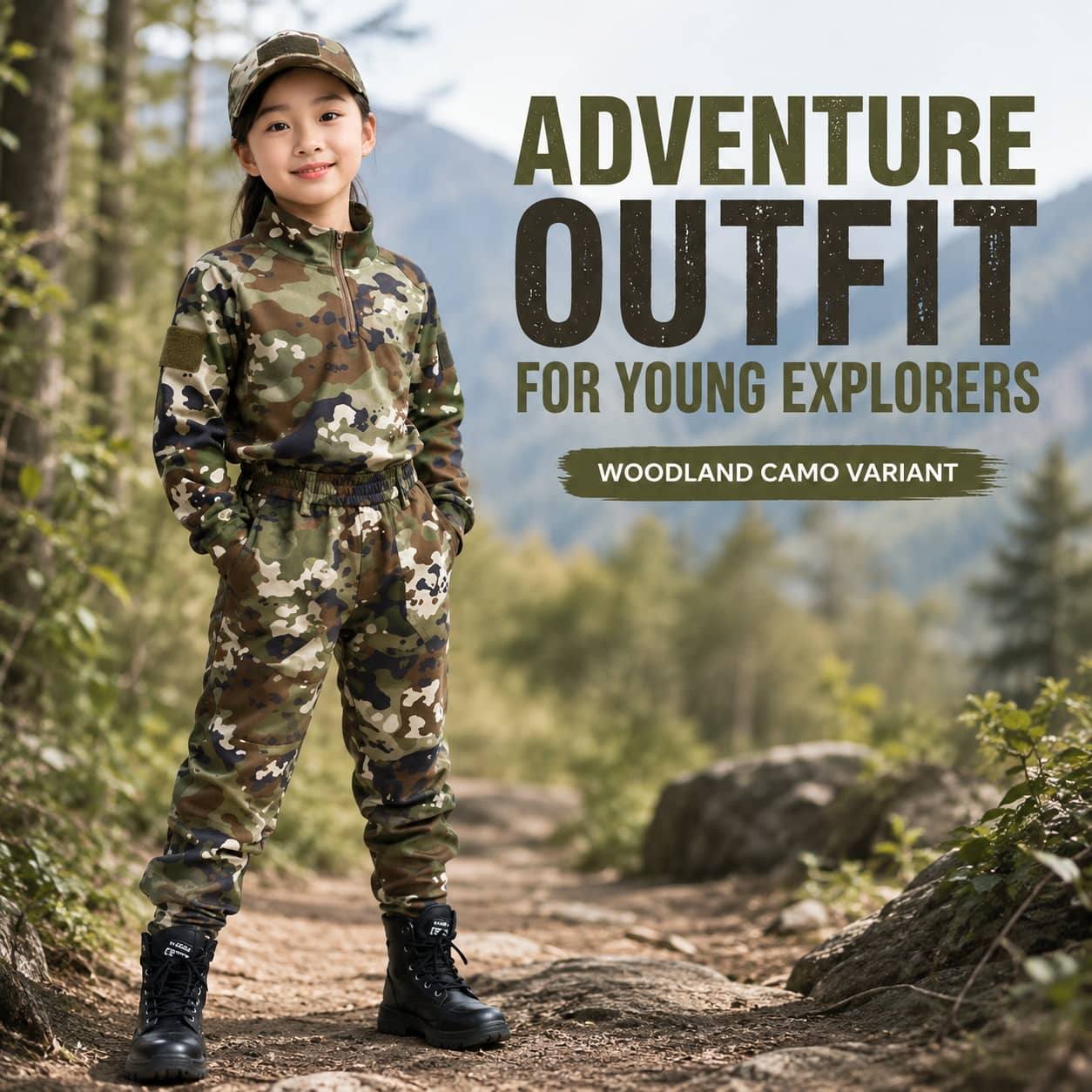 Kids uniform costume in woodland camo for young explorers