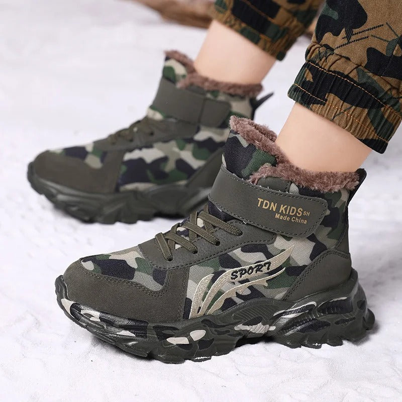 Camouflage Kids Warm Sneakers with Fleece Lining for Winter Comfort